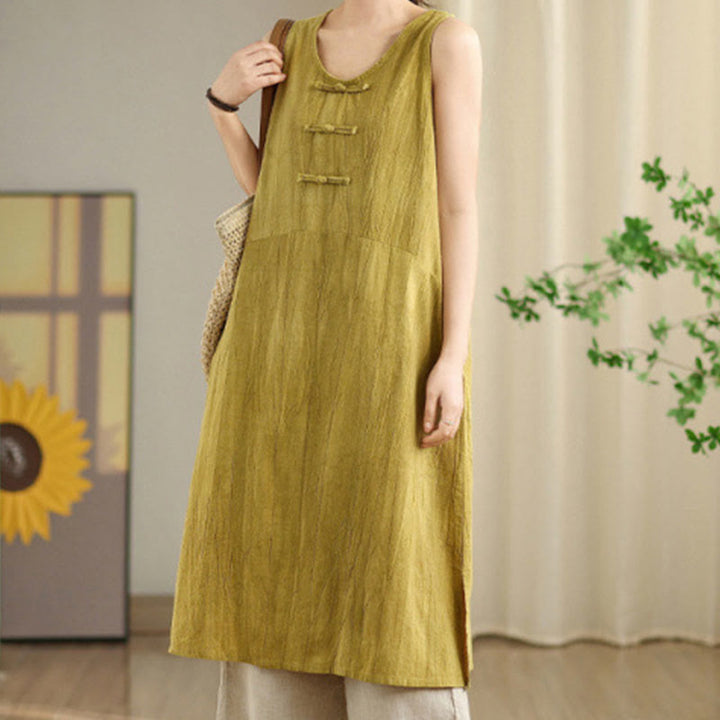 Buddha Stones – Batik-Midikleid aus Ramie-Leinen mit chinesischen Froschknöpfen und Taschen - image 8
