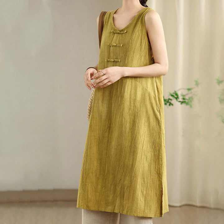 Buddha Stones – Batik-Midikleid aus Ramie-Leinen mit chinesischen Froschknöpfen und Taschen - image 6