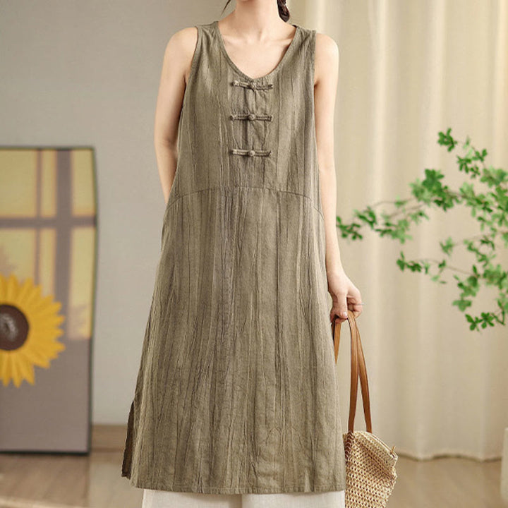 Buddha Stones – Batik-Midikleid aus Ramie-Leinen mit chinesischen Froschknöpfen und Taschen - image 11