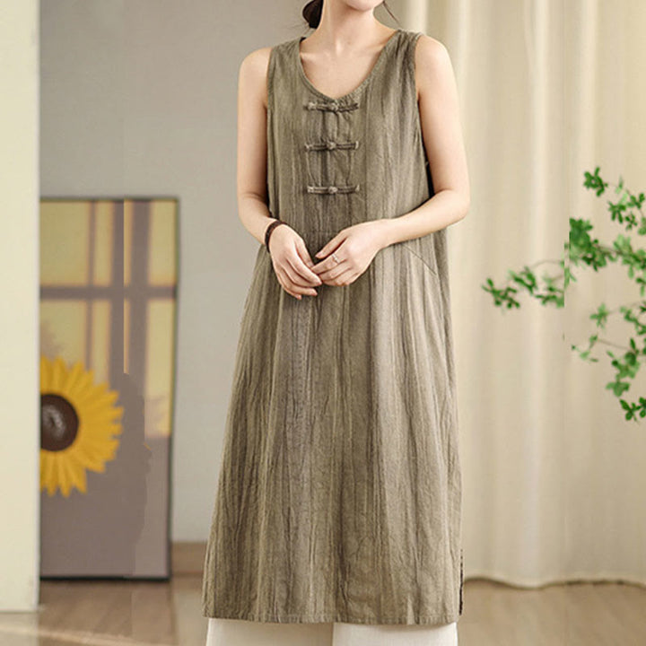 Buddha Stones – Batik-Midikleid aus Ramie-Leinen mit chinesischen Froschknöpfen und Taschen - image 10