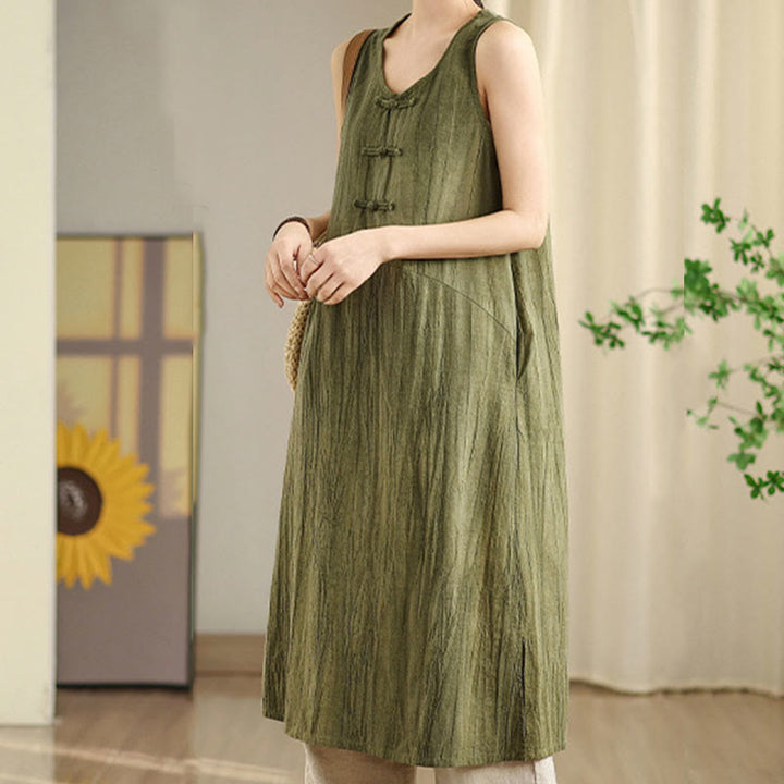 Buddha Stones – Batik-Midikleid aus Ramie-Leinen mit chinesischen Froschknöpfen und Taschen - image 2
