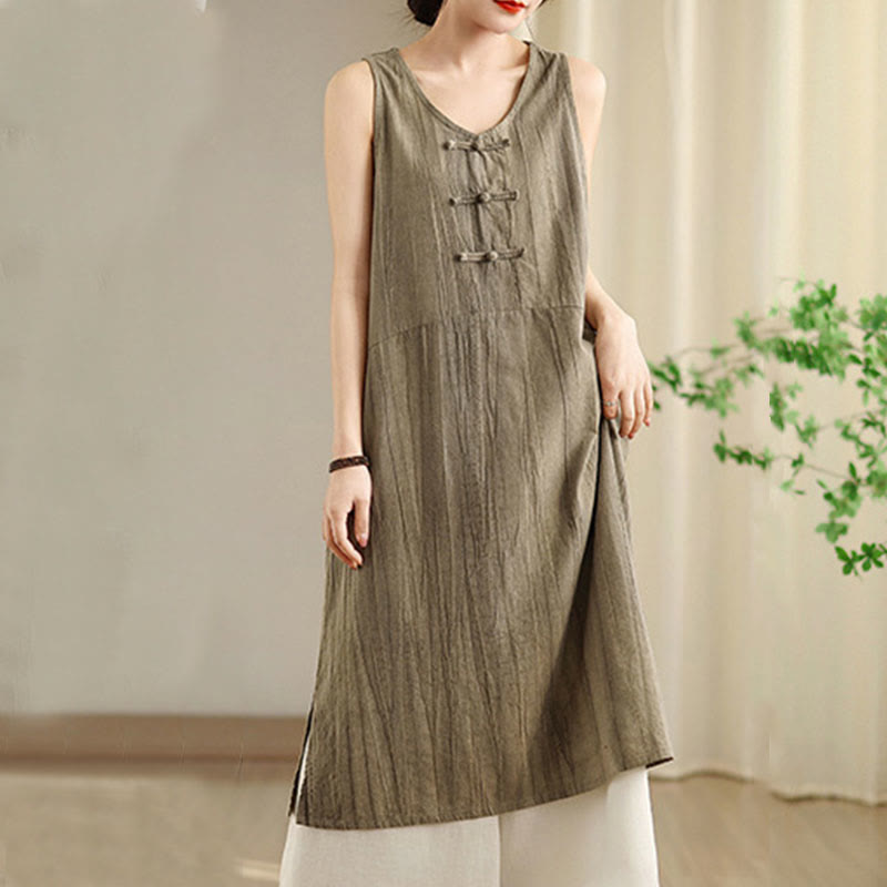 Buddha Stones – Batik-Midikleid aus Ramie-Leinen mit chinesischen Froschknöpfen und Taschen - image 13