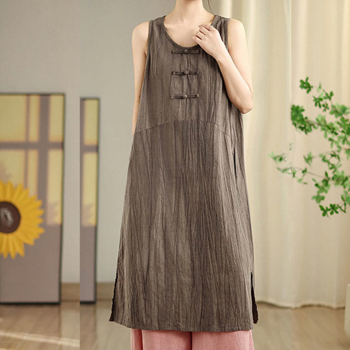Buddha Stones – Batik-Midikleid aus Ramie-Leinen mit chinesischen Froschknöpfen und Taschen - image 19