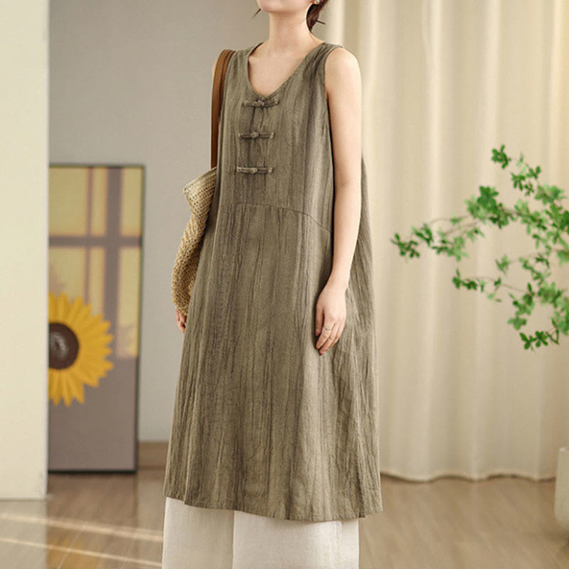 Buddha Stones – Batik-Midikleid aus Ramie-Leinen mit chinesischen Froschknöpfen und Taschen - DunkelKhaki - US8-10， UK/AU12-14，EU40-42 (2XL) - image 9