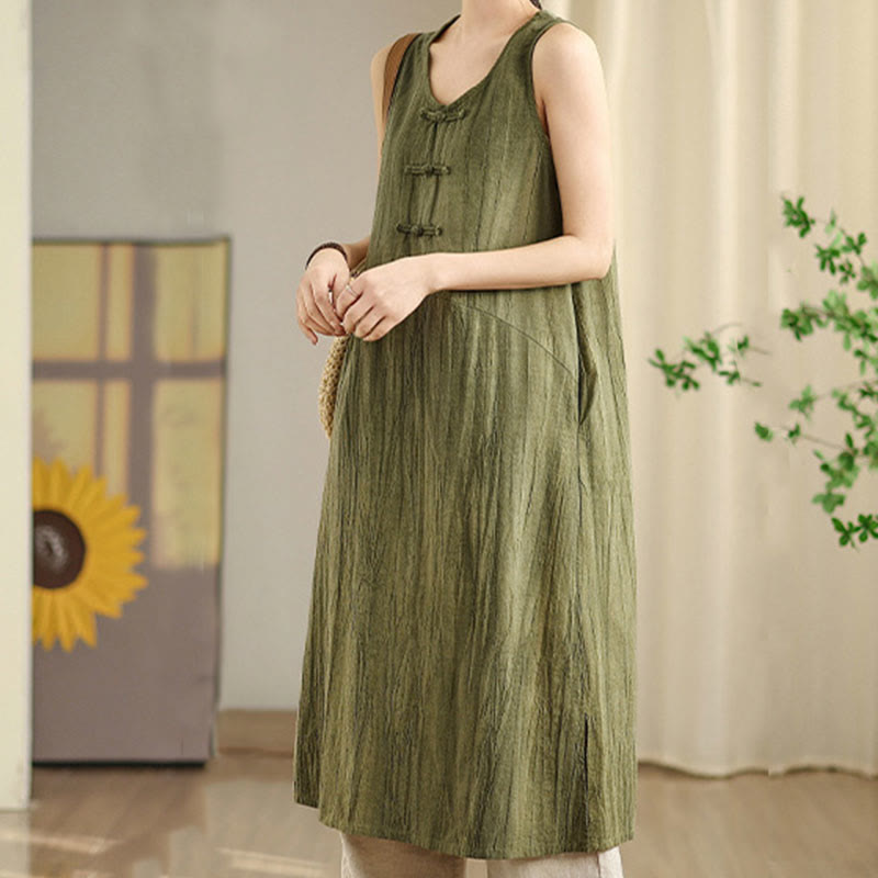 Buddha Stones – Batik-Midikleid aus Ramie-Leinen mit chinesischen Froschknöpfen und Taschen - image 1