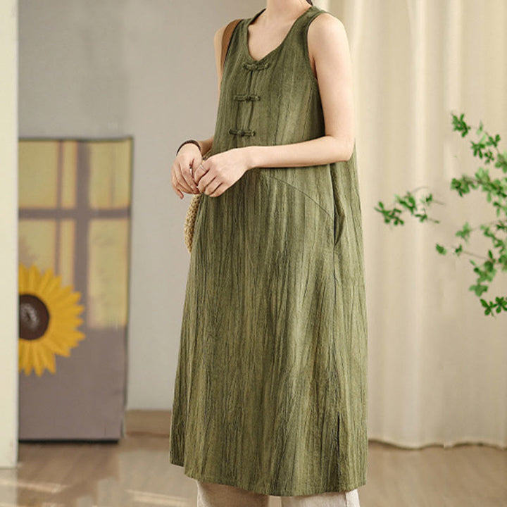 Buddha Stones – Batik-Midikleid aus Ramie-Leinen mit chinesischen Froschknöpfen und Taschen - image 1