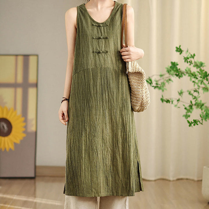 Buddha Stones – Batik-Midikleid aus Ramie-Leinen mit chinesischen Froschknöpfen und Taschen - image 4