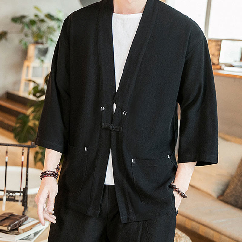 Buddha Stones Schlichte chinesische Froschknopfjacke aus Baumwolle und Leinen für Herren mit Dreiviertelärmeln - image 11