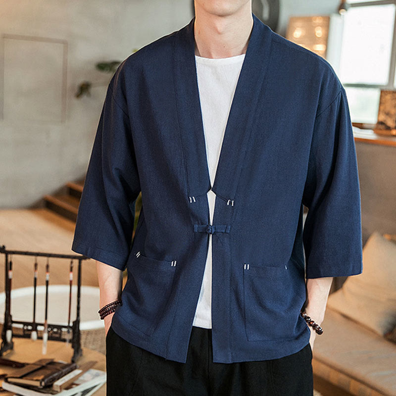 Buddha Stones Schlichte chinesische Froschknopfjacke aus Baumwolle und Leinen für Herren mit Dreiviertelärmeln - Marine - US/ UK/AU46, EU56 (5XL) - image 0