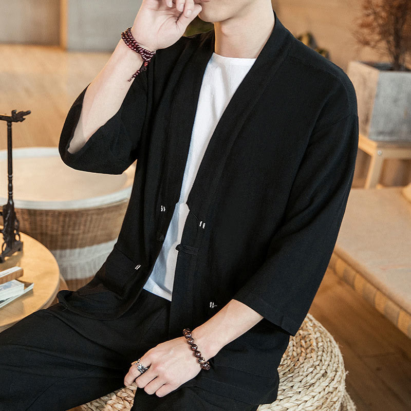 Buddha Stones Schlichte chinesische Froschknopfjacke aus Baumwolle und Leinen für Herren mit Dreiviertelärmeln - Schwarz - US/ UK/AU46, EU56 (5XL) - image 8