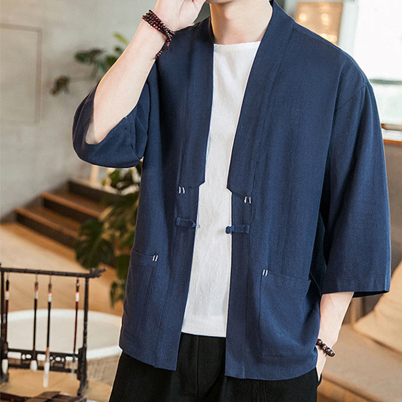 Buddha Stones Schlichte chinesische Froschknopfjacke aus Baumwolle und Leinen für Herren mit Dreiviertelärmeln - image 1