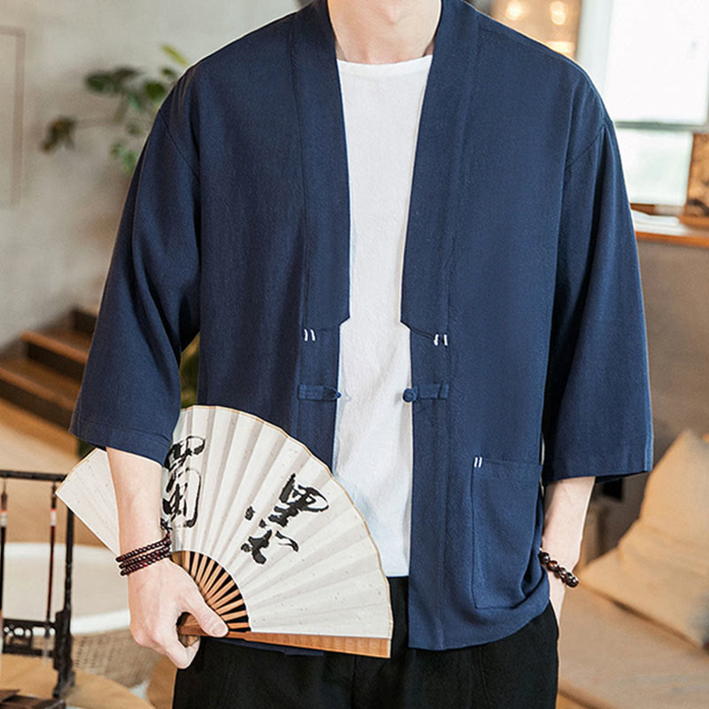 Buddha Stones Schlichte chinesische Froschknopfjacke aus Baumwolle und Leinen für Herren mit Dreiviertelärmeln - image 5