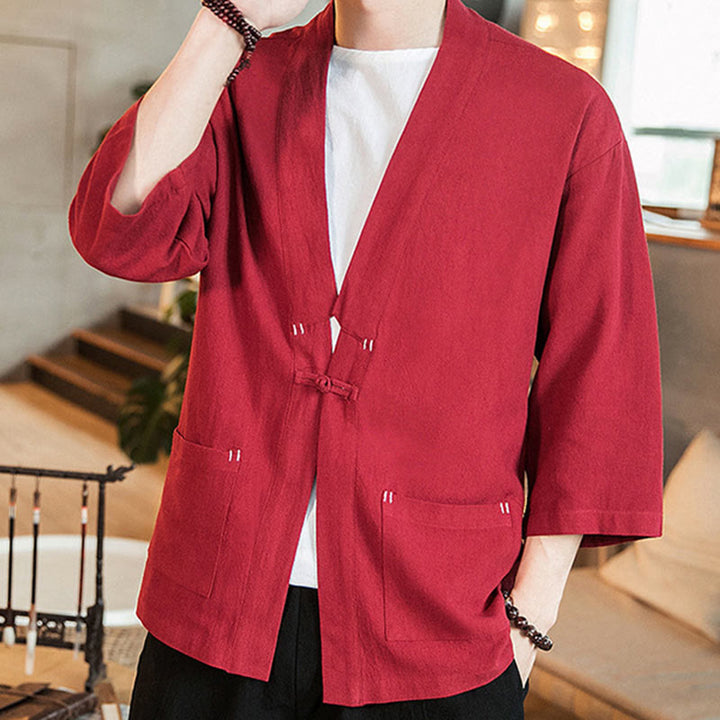 Buddha Stones Schlichte chinesische Froschknopfjacke aus Baumwolle und Leinen für Herren mit Dreiviertelärmeln - image 22