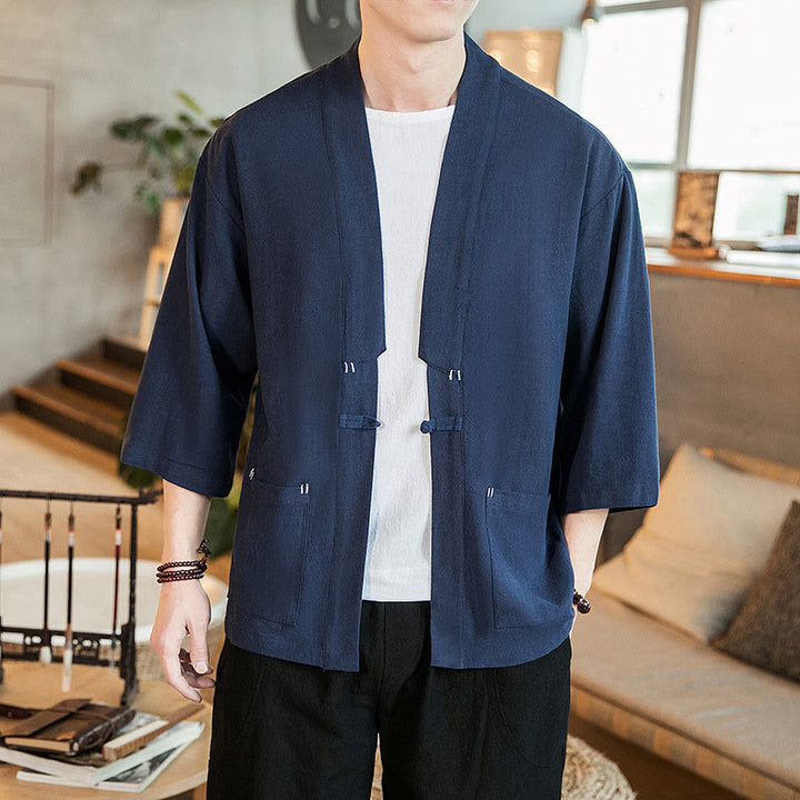 Buddha Stones Schlichte chinesische Froschknopfjacke aus Baumwolle und Leinen für Herren mit Dreiviertelärmeln - image 2