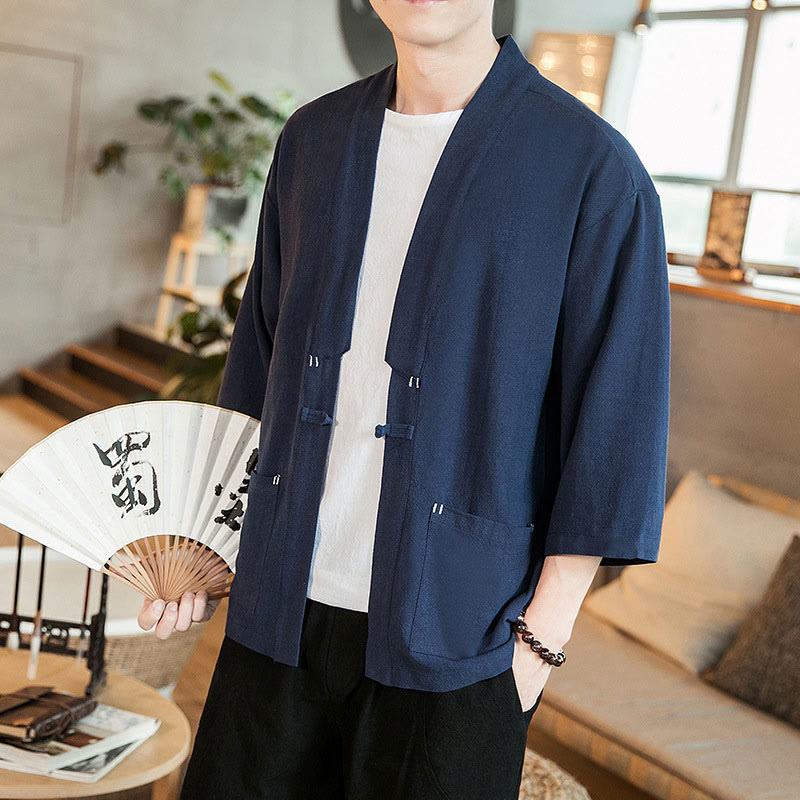 Buddha Stones Schlichte chinesische Froschknopfjacke aus Baumwolle und Leinen für Herren mit Dreiviertelärmeln - image 6