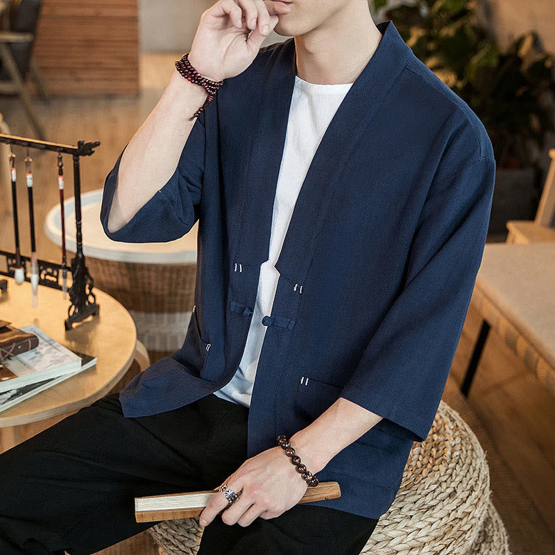 Buddha Stones Schlichte chinesische Froschknopfjacke aus Baumwolle und Leinen für Herren mit Dreiviertelärmeln - image 7