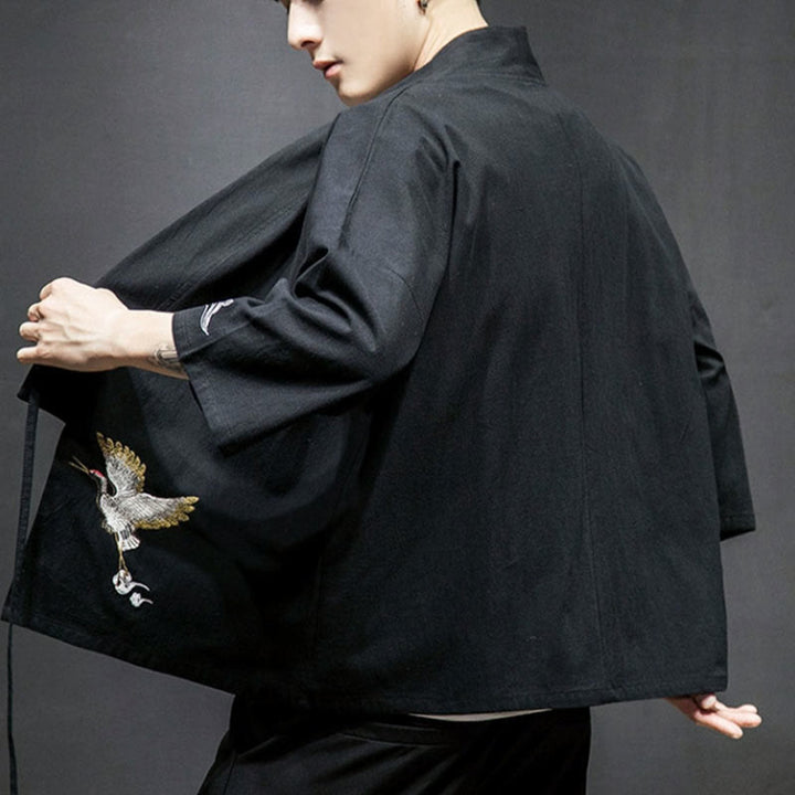 Kimono mit offener Vorderseite und Buddha Stones -Stickerei aus Baumwolle und Leinen für Herren mit Dreiviertelärmeln - image 12