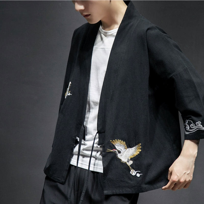 Kimono mit offener Vorderseite und Buddha Stones -Stickerei aus Baumwolle und Leinen für Herren mit Dreiviertelärmeln - image 11