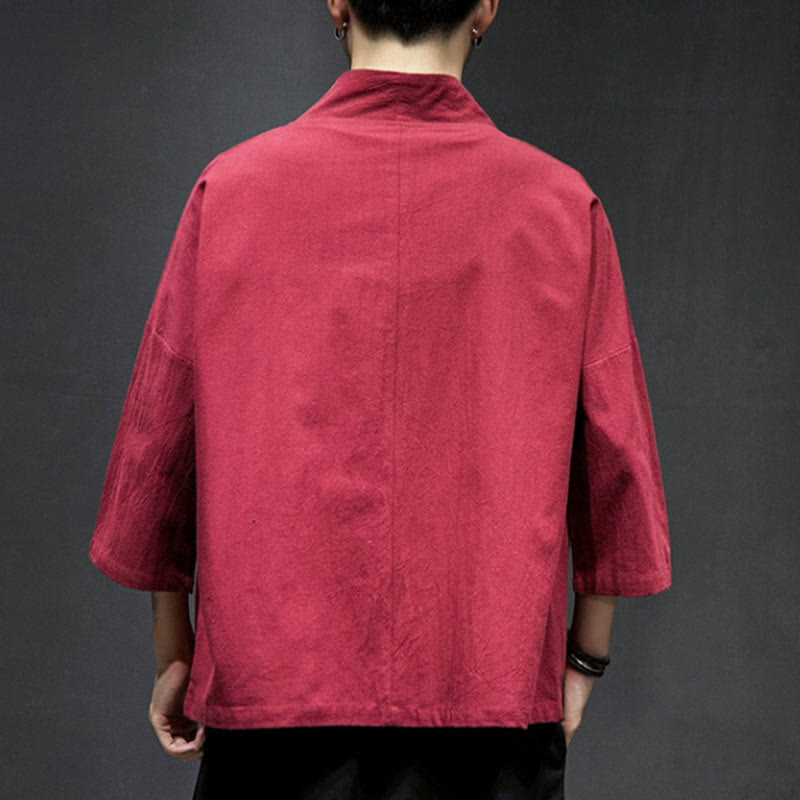 Kimono mit offener Vorderseite und Buddha Stones -Stickerei aus Baumwolle und Leinen für Herren mit Dreiviertelärmeln - image 21