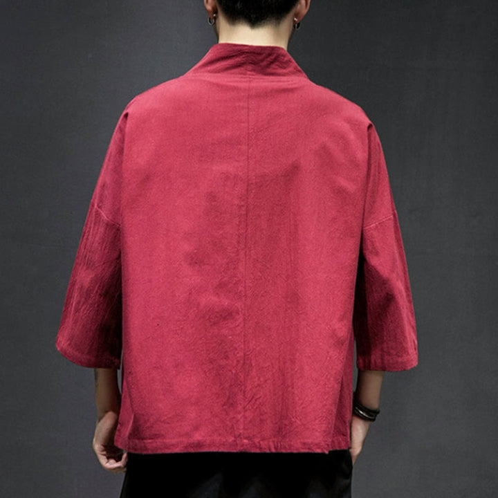 Kimono mit offener Vorderseite und Buddha Stones -Stickerei aus Baumwolle und Leinen für Herren mit Dreiviertelärmeln - image 21