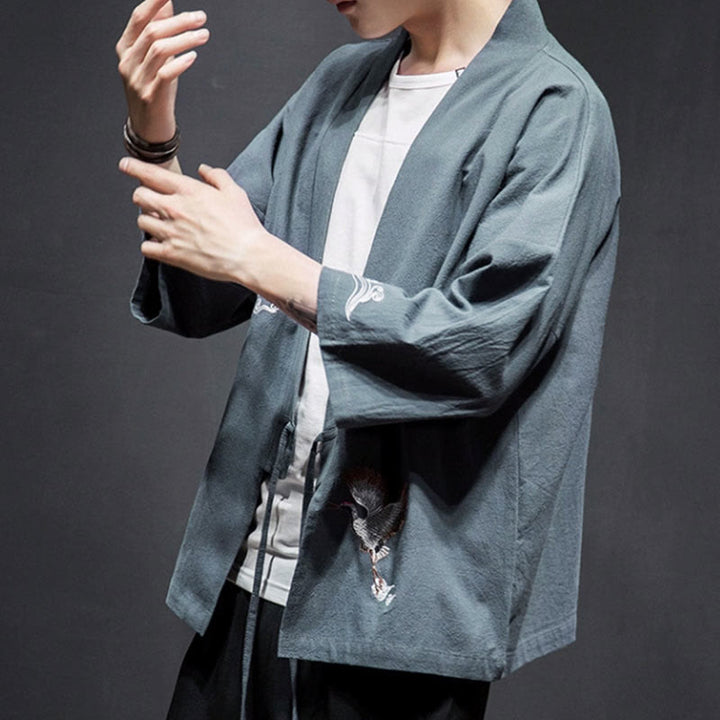 Kimono mit offener Vorderseite und Buddha Stones -Stickerei aus Baumwolle und Leinen für Herren mit Dreiviertelärmeln - image 28