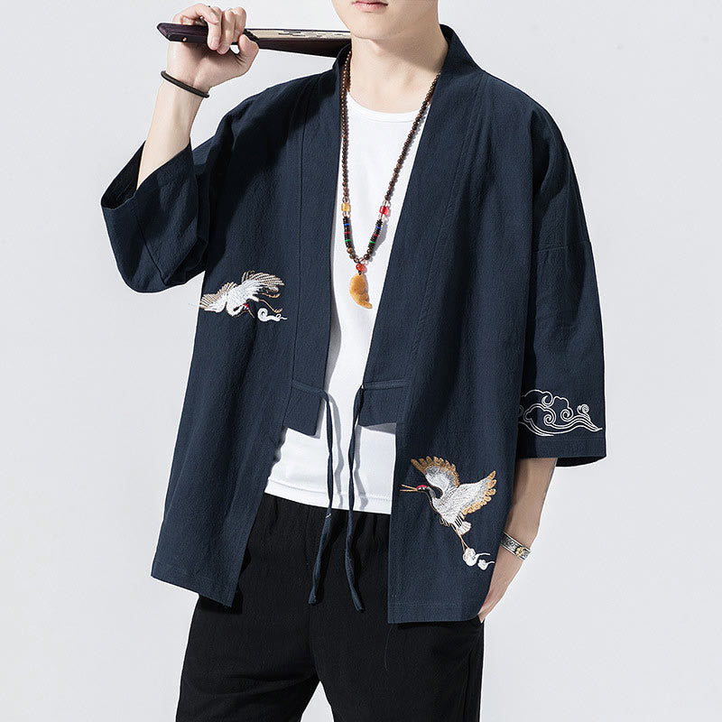 Kimono mit offener Vorderseite und Buddha Stones -Stickerei aus Baumwolle und Leinen für Herren mit Dreiviertelärmeln - Marine - US/ UK/AU46，EU56 (5XL) - image 0