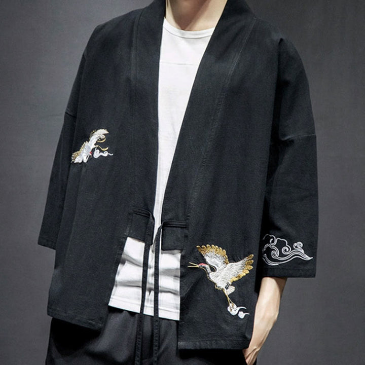 Kimono mit offener Vorderseite und Buddha Stones -Stickerei aus Baumwolle und Leinen für Herren mit Dreiviertelärmeln - image 13