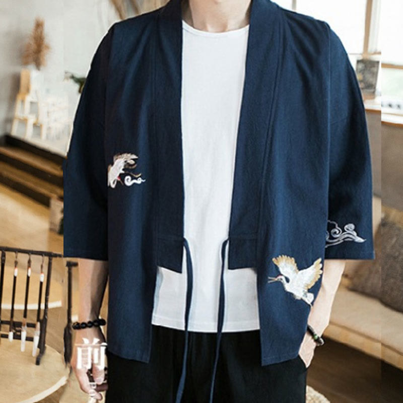 Kimono mit offener Vorderseite und Buddha Stones -Stickerei aus Baumwolle und Leinen für Herren mit Dreiviertelärmeln - image 3