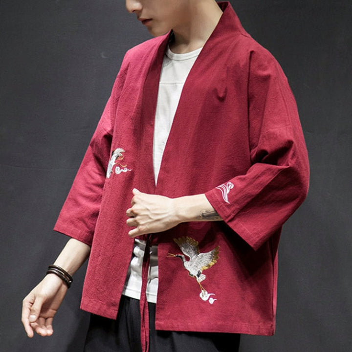 Kimono mit offener Vorderseite und Buddha Stones -Stickerei aus Baumwolle und Leinen für Herren mit Dreiviertelärmeln - image 20