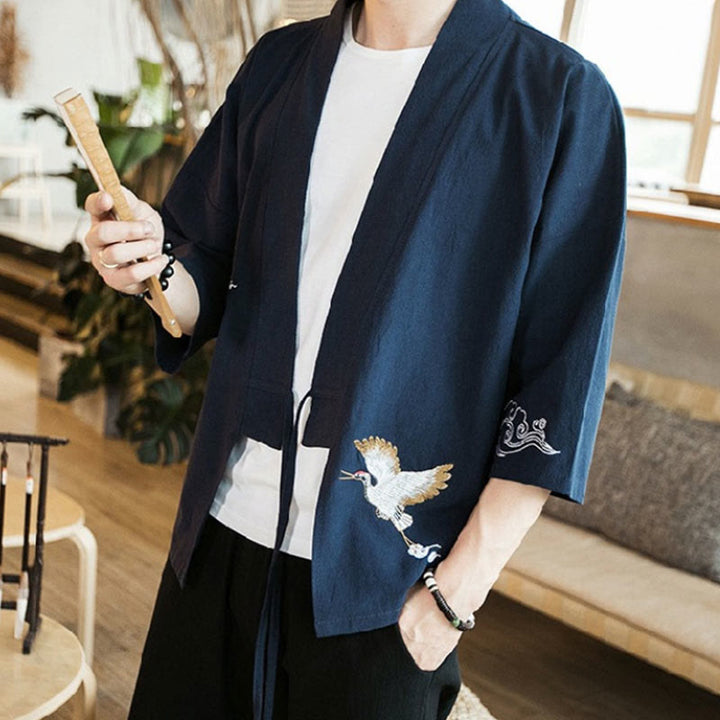 Kimono mit offener Vorderseite und Buddha Stones -Stickerei aus Baumwolle und Leinen für Herren mit Dreiviertelärmeln - image 2