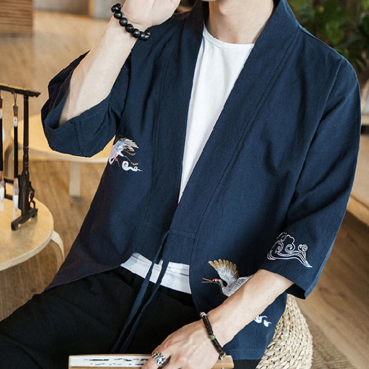 Kimono mit offener Vorderseite und Buddha Stones -Stickerei aus Baumwolle und Leinen für Herren mit Dreiviertelärmeln - image 7