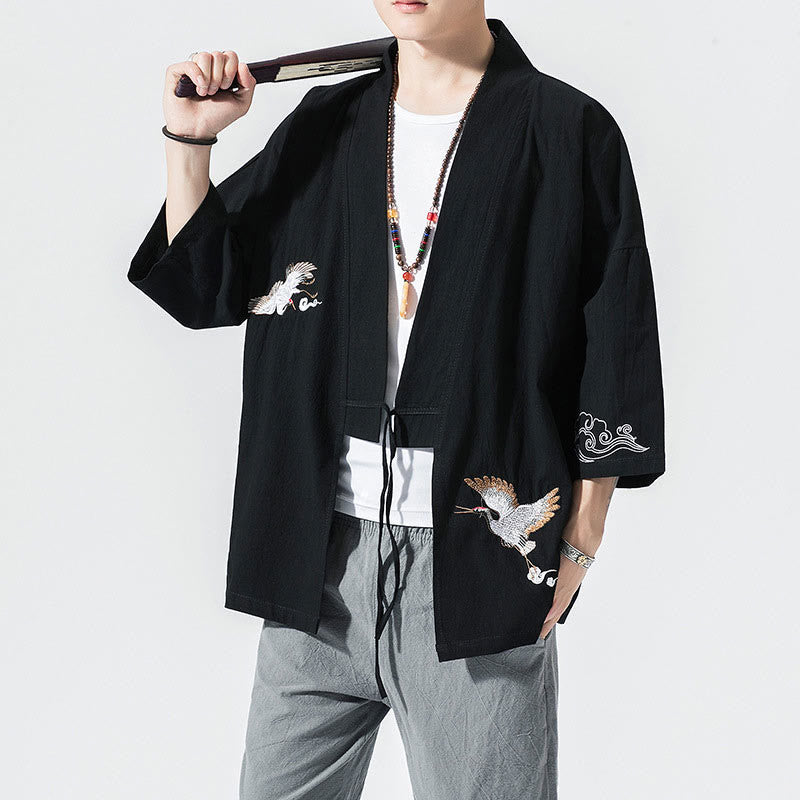 Kimono mit offener Vorderseite und Buddha Stones -Stickerei aus Baumwolle und Leinen für Herren mit Dreiviertelärmeln - Schwarz - US/ UK/AU46，EU56 (5XL) - image 10