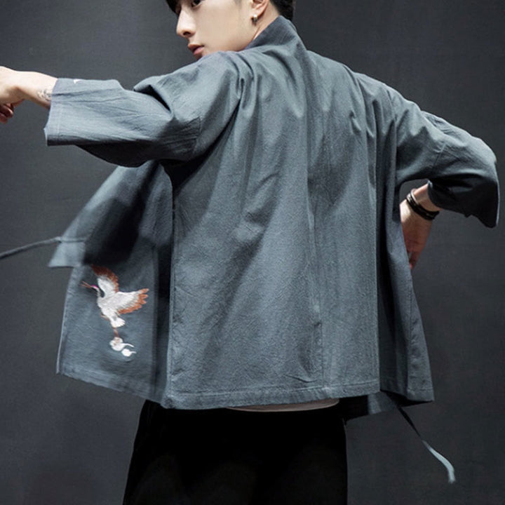 Kimono mit offener Vorderseite und Buddha Stones -Stickerei aus Baumwolle und Leinen für Herren mit Dreiviertelärmeln - image 26