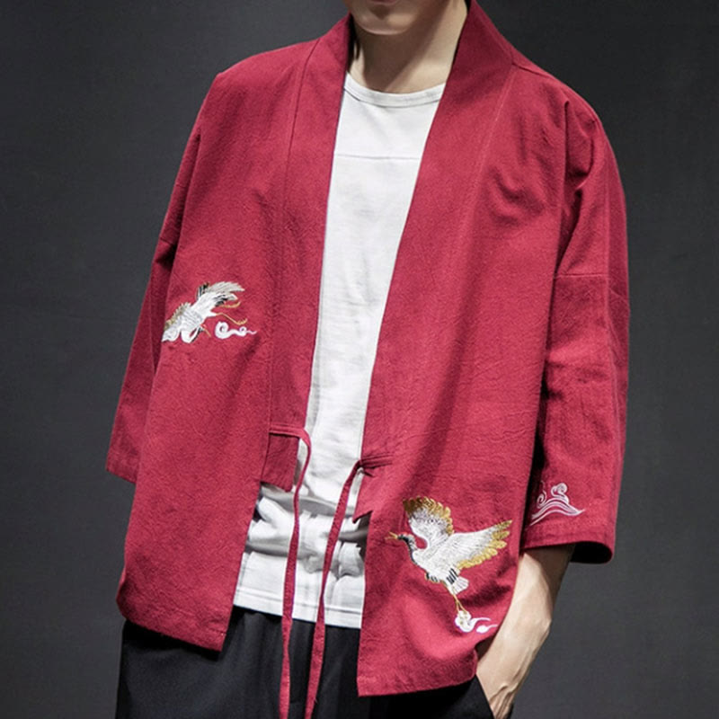 Kimono mit offener Vorderseite und Buddha Stones -Stickerei aus Baumwolle und Leinen für Herren mit Dreiviertelärmeln - image 23