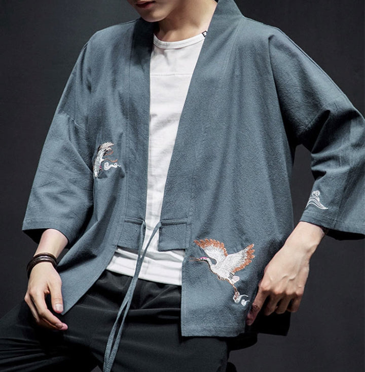 Kimono mit offener Vorderseite und Buddha Stones -Stickerei aus Baumwolle und Leinen für Herren mit Dreiviertelärmeln - image 25