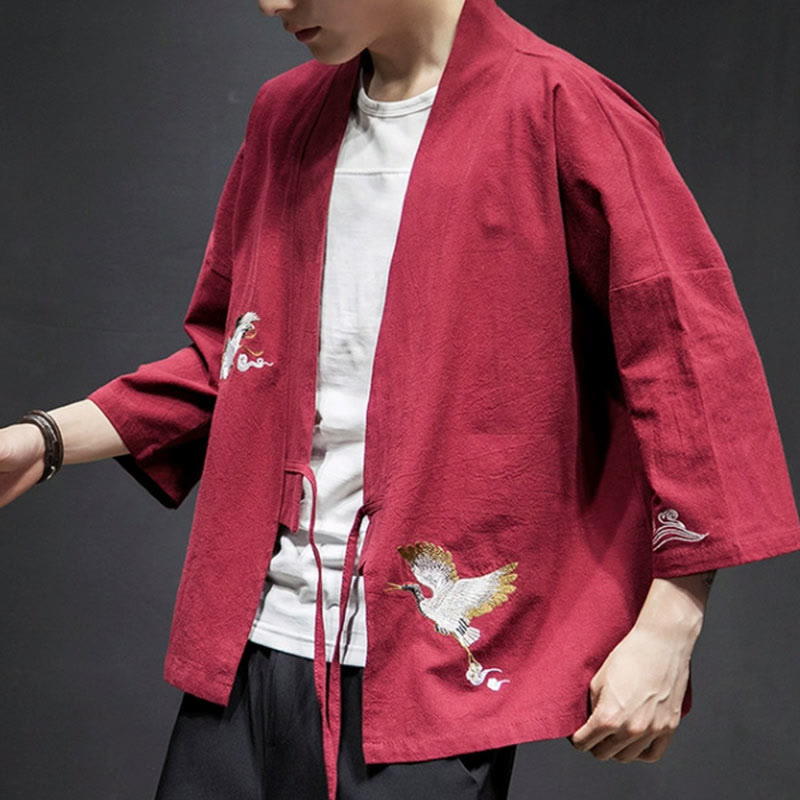 Kimono mit offener Vorderseite und Buddha Stones -Stickerei aus Baumwolle und Leinen für Herren mit Dreiviertelärmeln - image 19