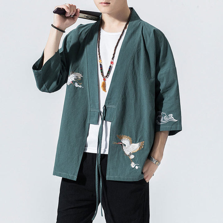 Kimono mit offener Vorderseite und Buddha Stones -Stickerei aus Baumwolle und Leinen für Herren mit Dreiviertelärmeln - CadetBlue - US/ UK/AU46，EU56 (5XL) - image 24