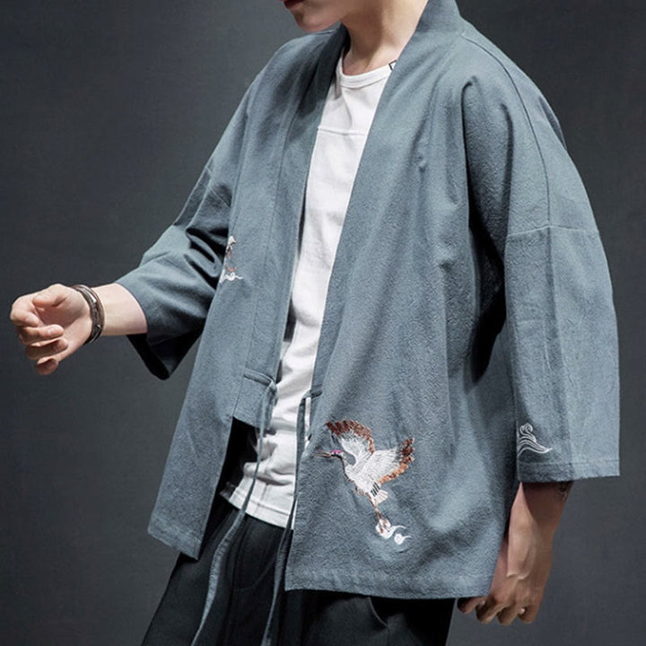 Kimono mit offener Vorderseite und Buddha Stones -Stickerei aus Baumwolle und Leinen für Herren mit Dreiviertelärmeln - image 27