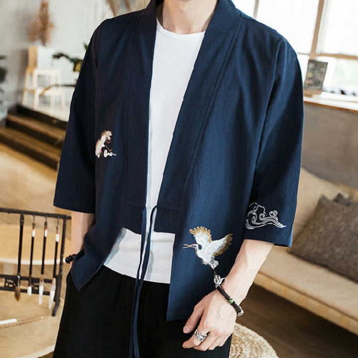 Kimono mit offener Vorderseite und Buddha Stones -Stickerei aus Baumwolle und Leinen für Herren mit Dreiviertelärmeln - image 6