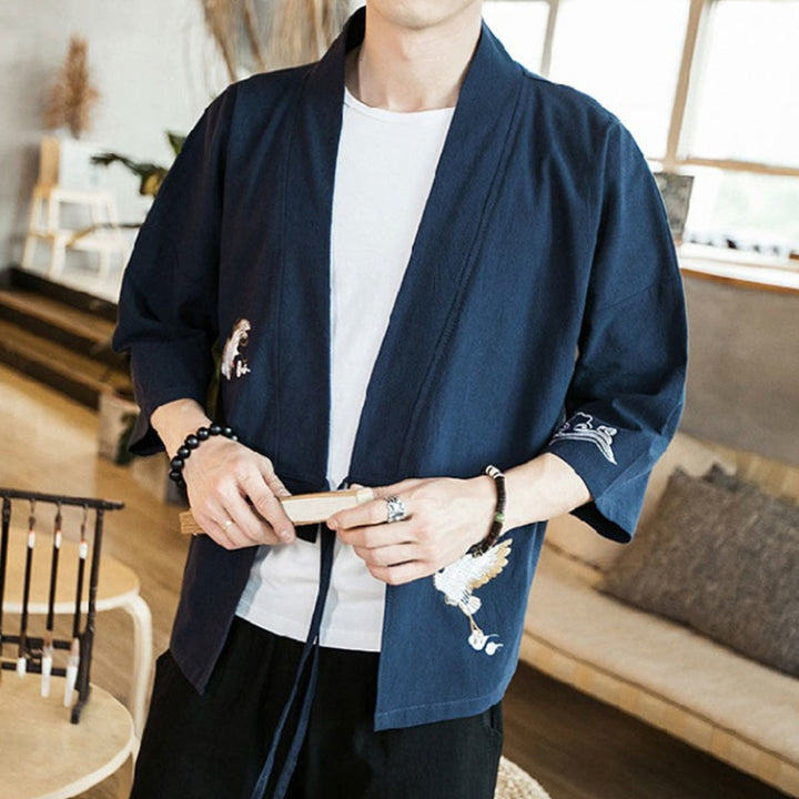 Kimono mit offener Vorderseite und Buddha Stones -Stickerei aus Baumwolle und Leinen für Herren mit Dreiviertelärmeln - image 1