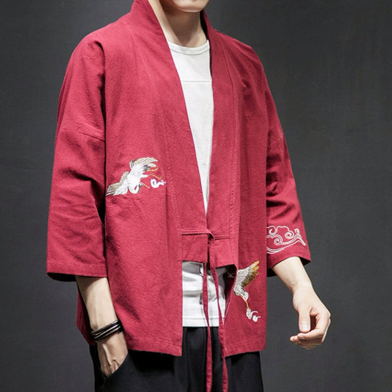 Kimono mit offener Vorderseite und Buddha Stones -Stickerei aus Baumwolle und Leinen für Herren mit Dreiviertelärmeln - image 22