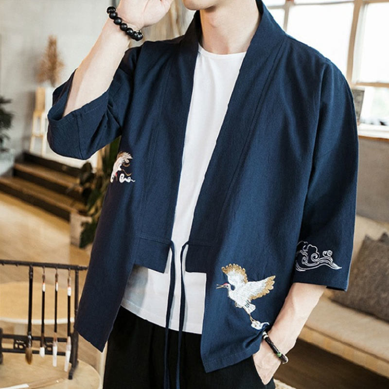 Kimono mit offener Vorderseite und Buddha Stones -Stickerei aus Baumwolle und Leinen für Herren mit Dreiviertelärmeln - image 5