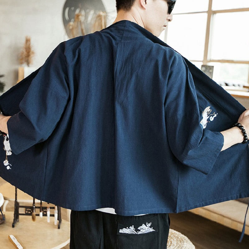 Kimono mit offener Vorderseite und Buddha Stones -Stickerei aus Baumwolle und Leinen für Herren mit Dreiviertelärmeln - image 4