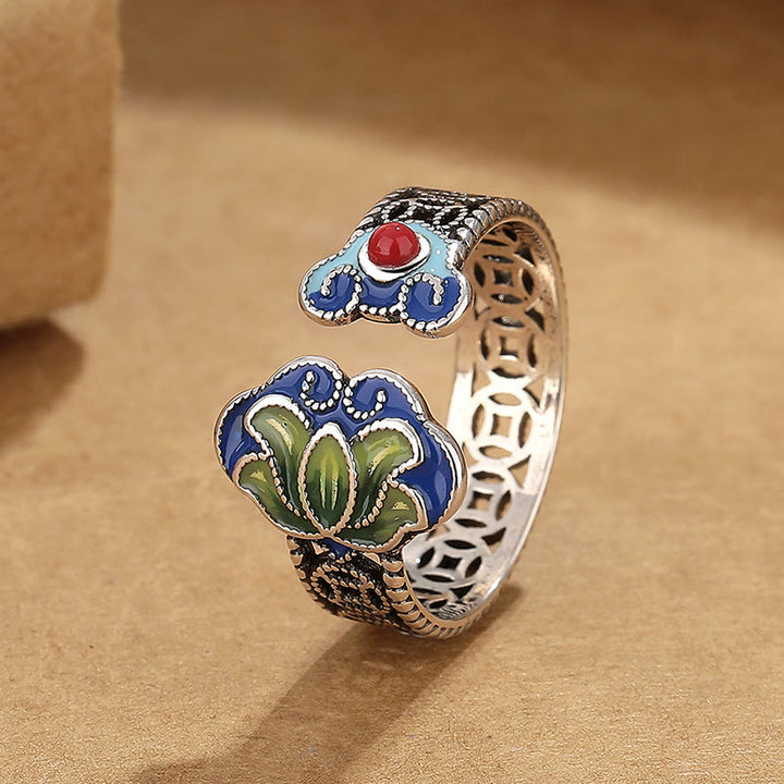 Buddha Stones, Lotusblüte, Kupfermünzen, Ruyi-Griffmuster, Erleuchtung, verstellbarer Ring