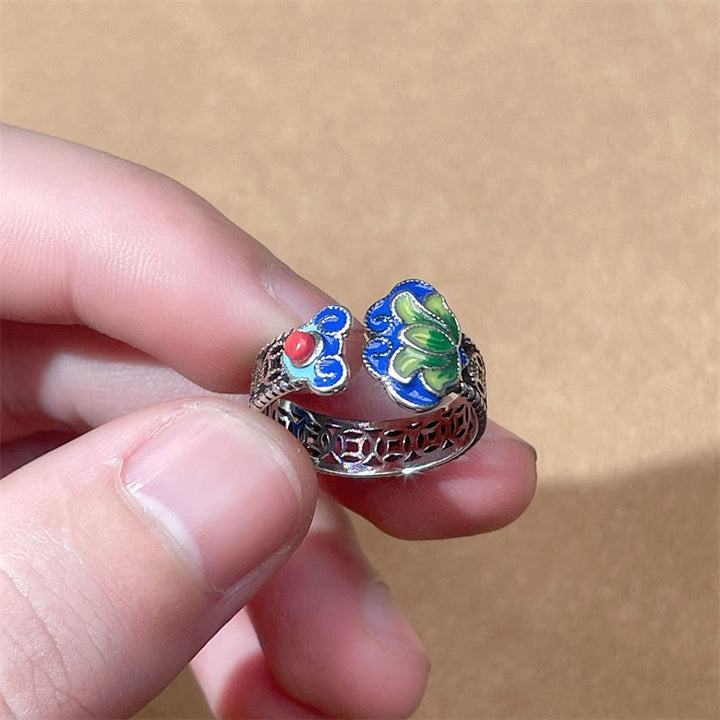 Buddha Stones, Lotusblüte, Kupfermünzen, Ruyi-Griffmuster, Erleuchtung, verstellbarer Ring