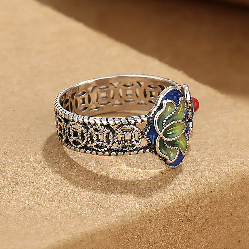 Buddha Stones, Lotusblüte, Kupfermünzen, Ruyi-Griffmuster, Erleuchtung, verstellbarer Ring