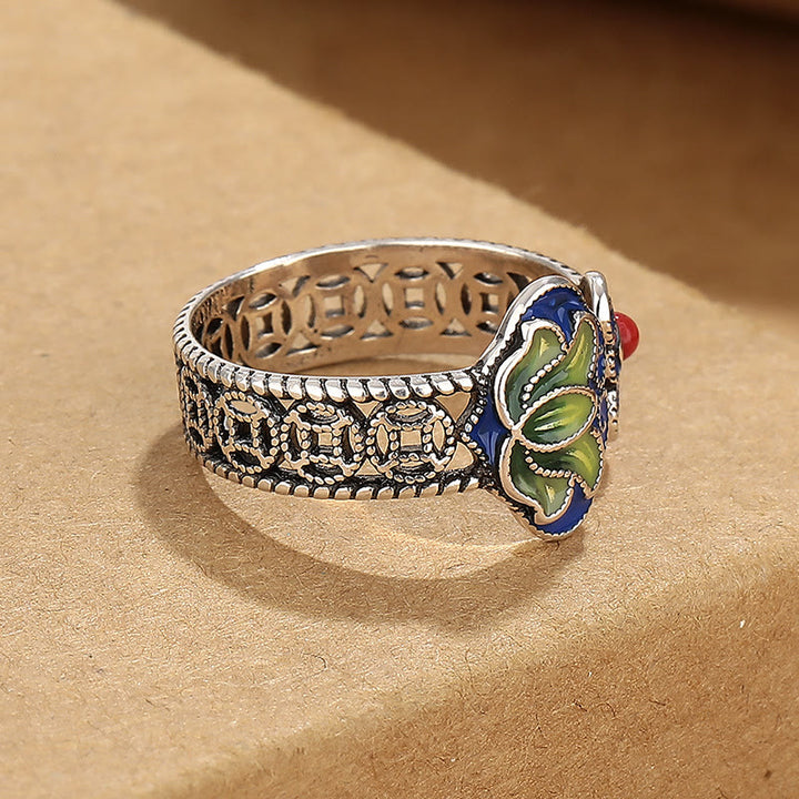 Buddha Stones, Lotusblüte, Kupfermünzen, Ruyi-Griffmuster, Erleuchtung, verstellbarer Ring