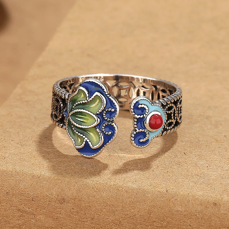 Buddha Stones, Lotusblüte, Kupfermünzen, Ruyi-Griffmuster, Erleuchtung, verstellbarer Ring
