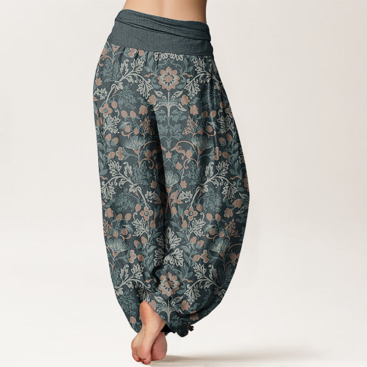 Buddha Stones Damen-Haremshose aus reiner Baumwolle mit Blumen- und Blättermuster und elastischer Taille