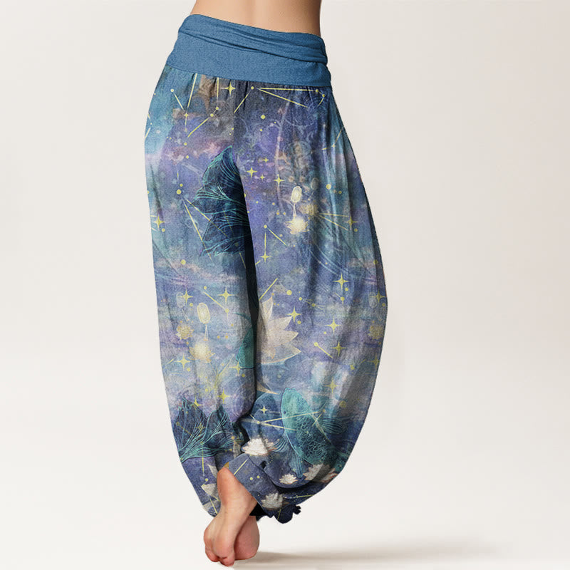 Buddha Stones Damen-Haremshose aus reiner Baumwolle mit Koi-Fisch-Lotus-Mond-Sternen-Muster und elastischer Taille